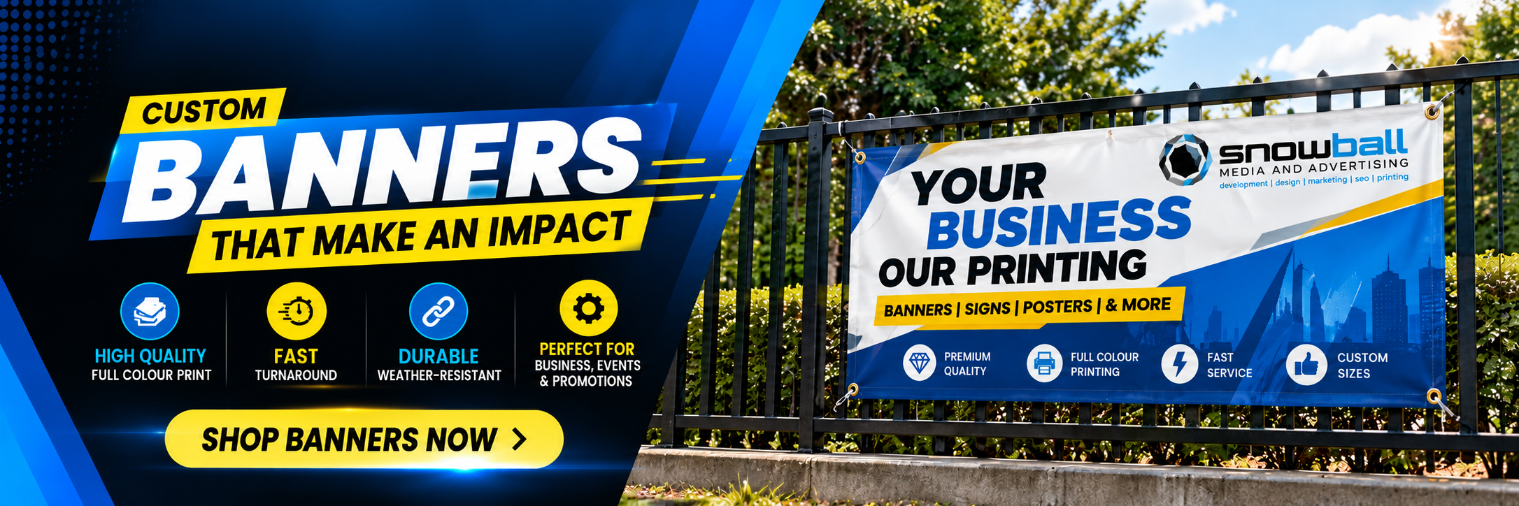 Custom banners that make an impact. High quality full colour print, fast turnaround, durable weather-resistant banners. Shop banners now.