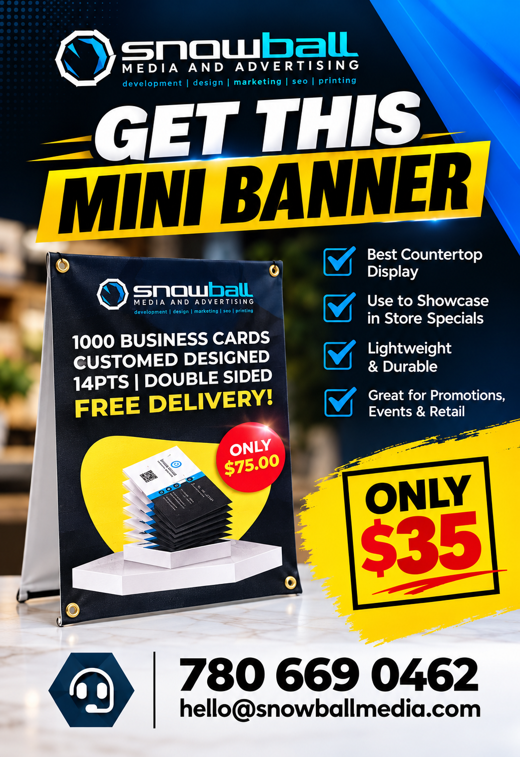 Tabletop mini banner on a counter